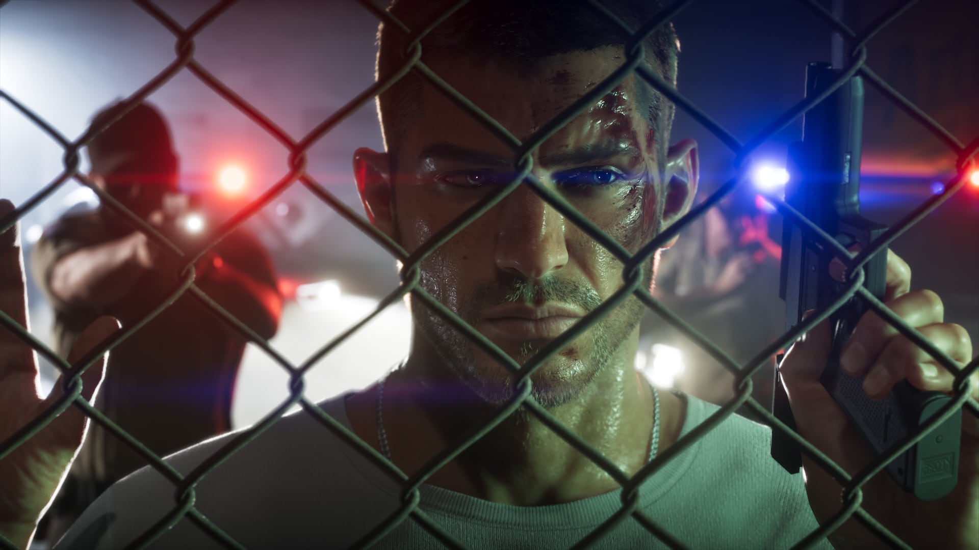 Jason Duval behind a chain-link fence during a police encounter in Grand Theft Auto VI