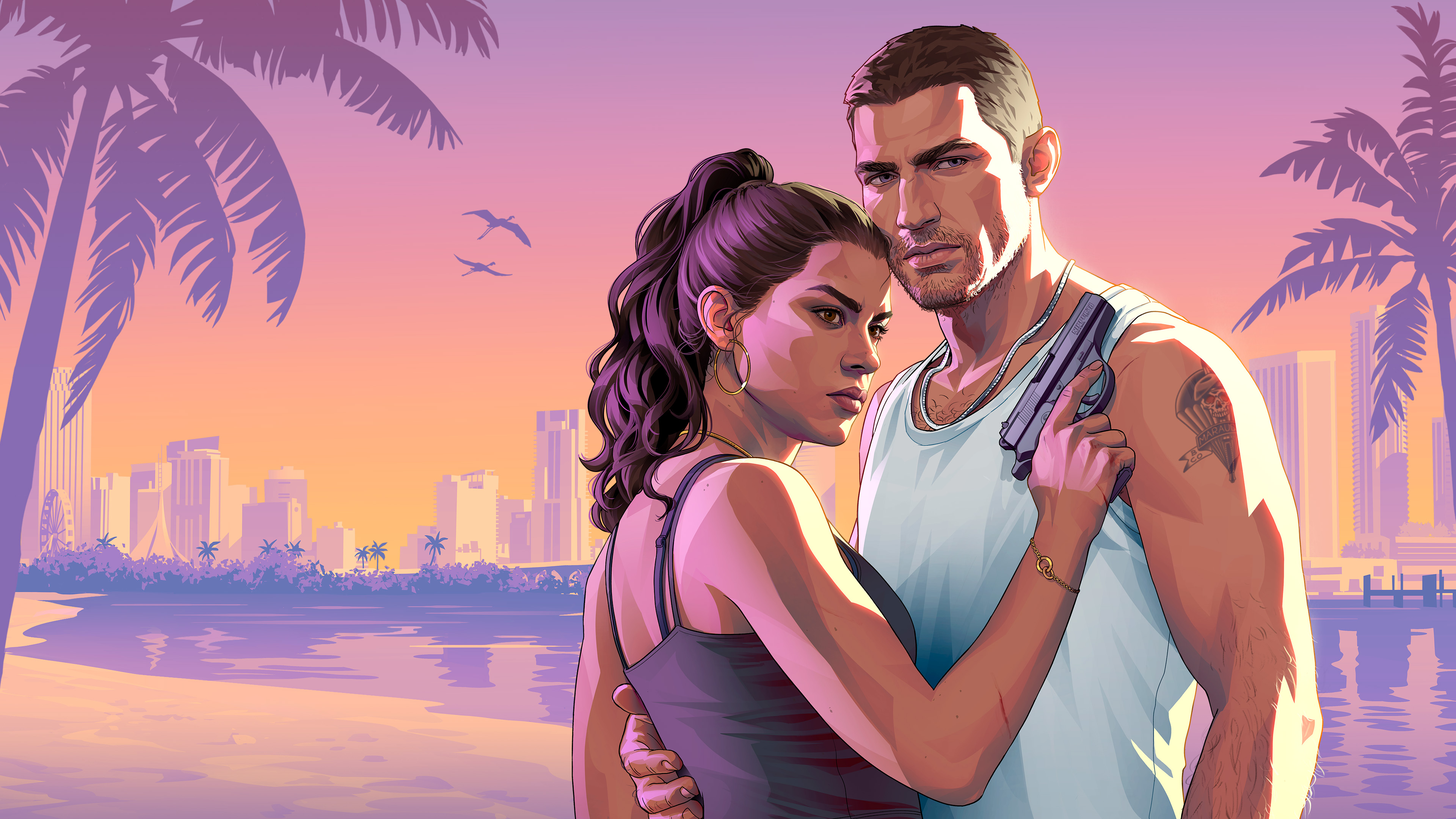 Official Grand Theft Auto VI artwork featuring Jason and Lucia