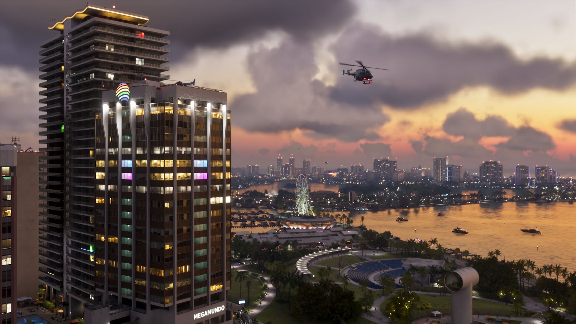 Vice City skyline and waterfront glowing at dusk in Grand Theft Auto VI
