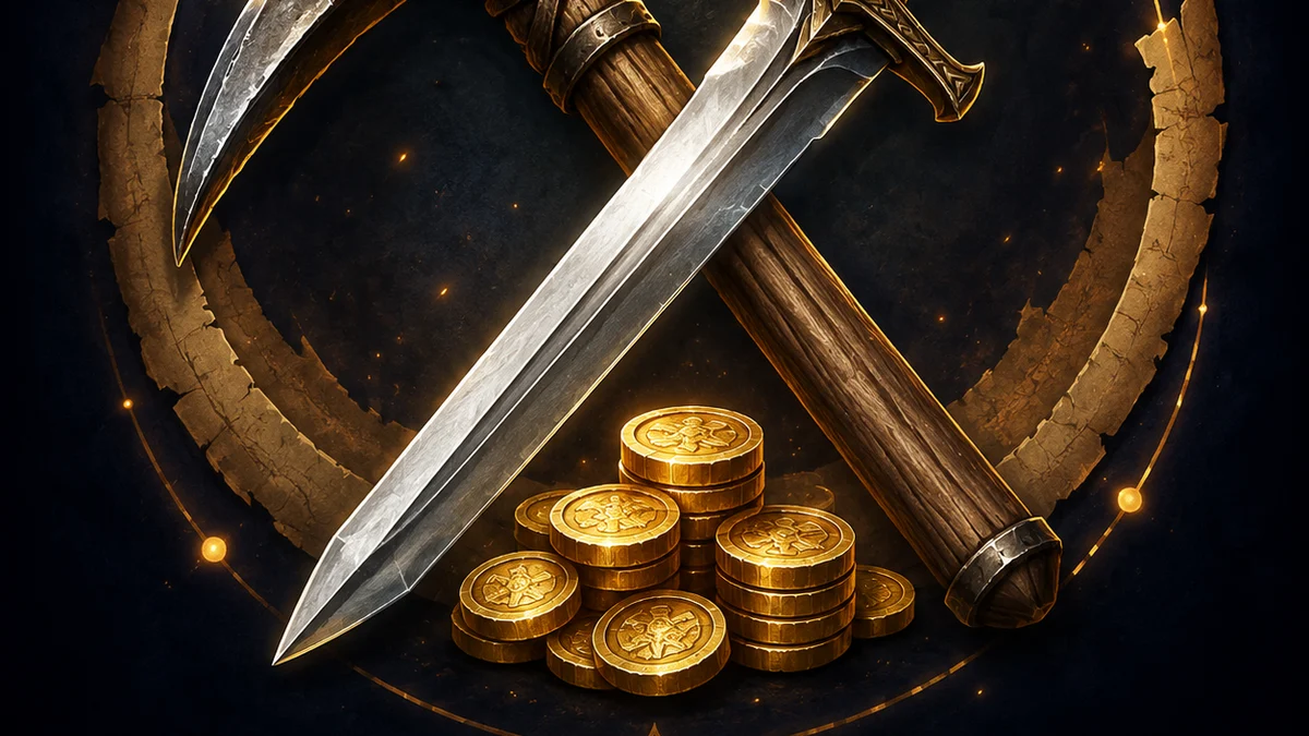 Original Old School RuneScape tools illustration featuring a pickaxe, sword and coins