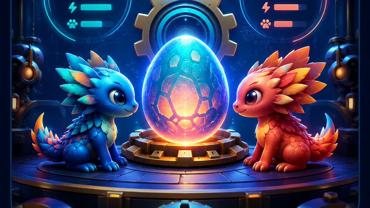 Original Palworld tools illustration featuring two fantasy creatures, an egg and stat graphics